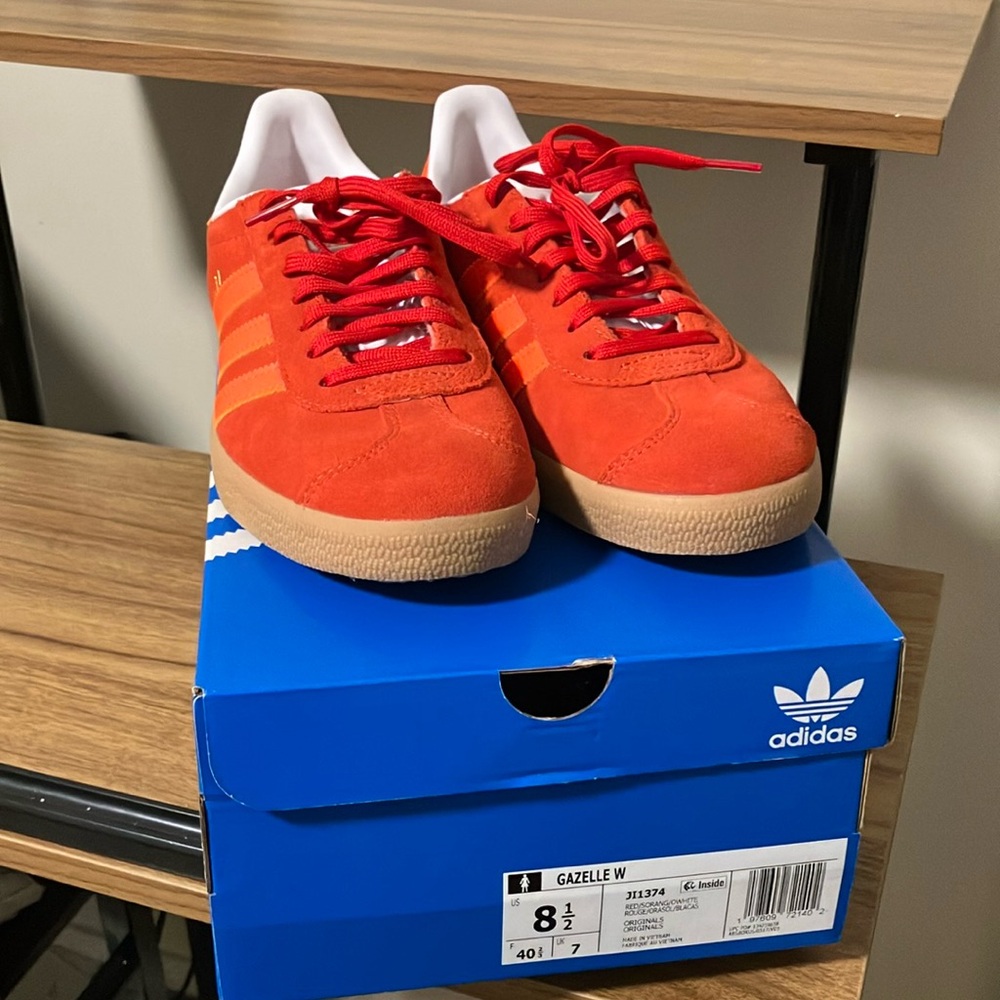 Adidas Gazelle, women’s size 8.5 in red/orange/white, worn once!